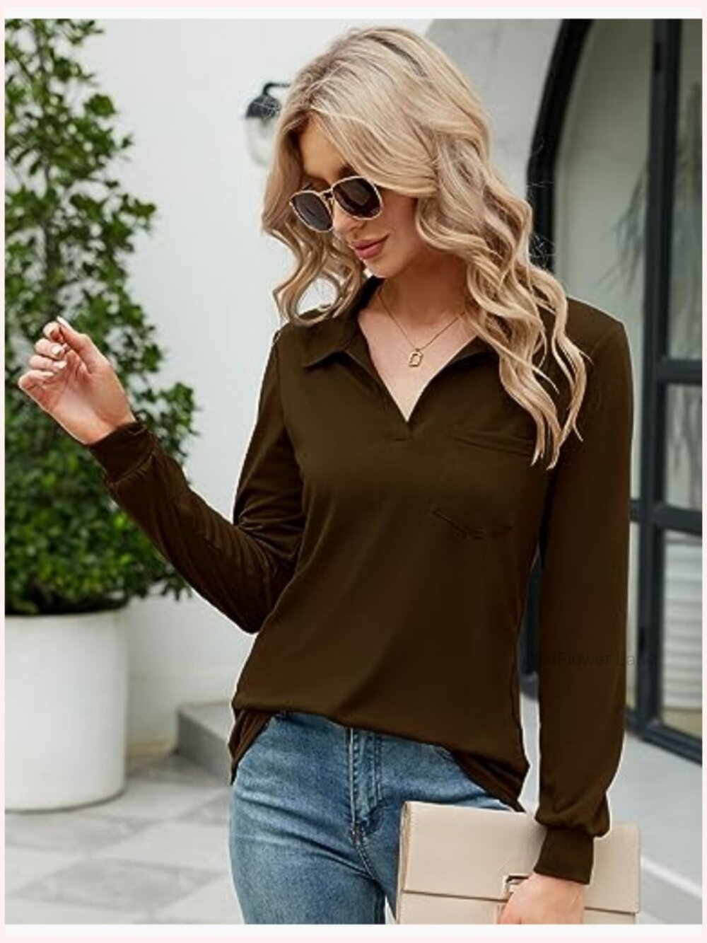 Womens V Neck Polo Short Sleeve Collared Tunic Blouse Pocket Loose Casual - Picture 2 of 7